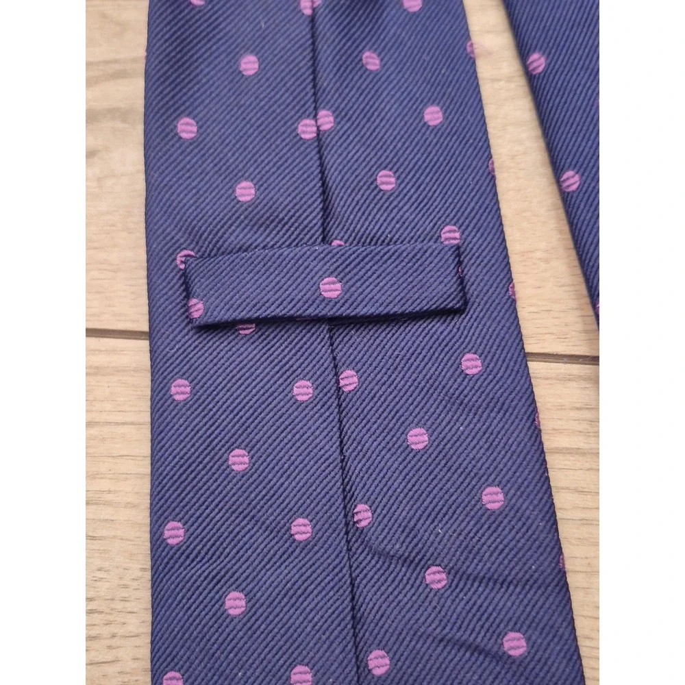 TM Lewin Mens Navy Blue Purple Polka Dot Pure Silk Handmade Necktie Tie